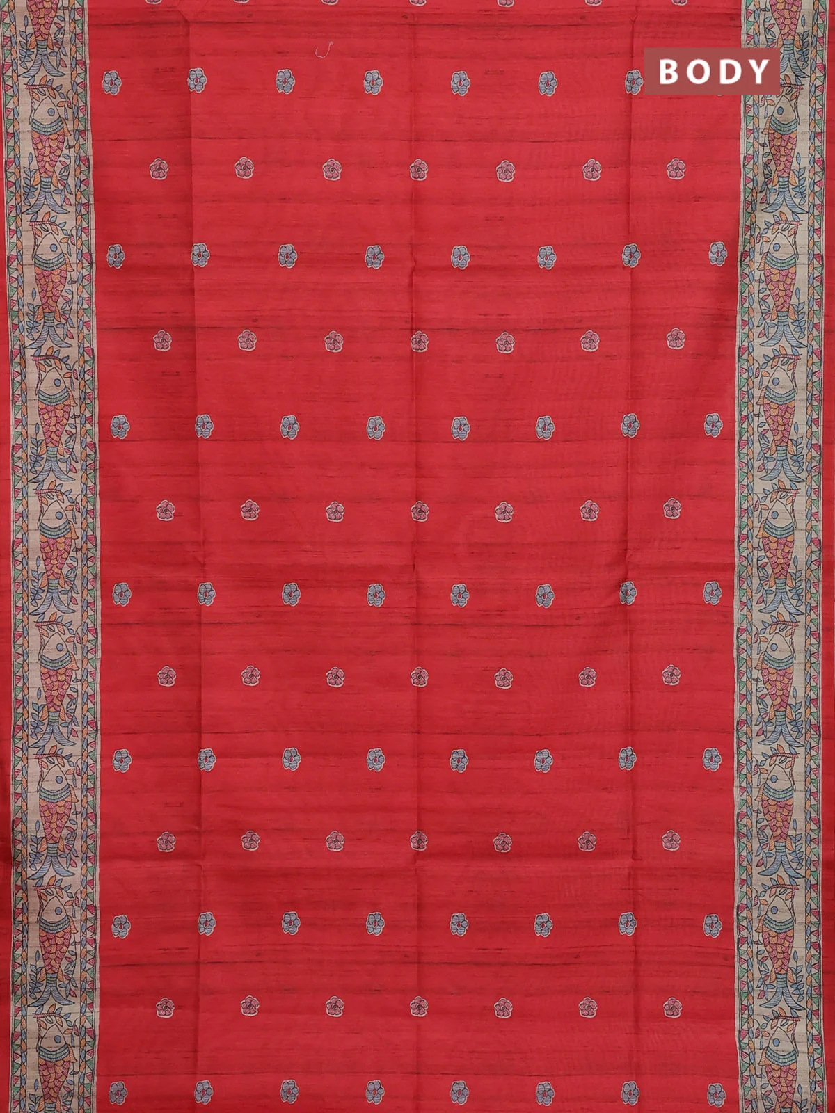 Semi tussar saree red and beige with butta prints and madhubani printed pallu & border - Image 2