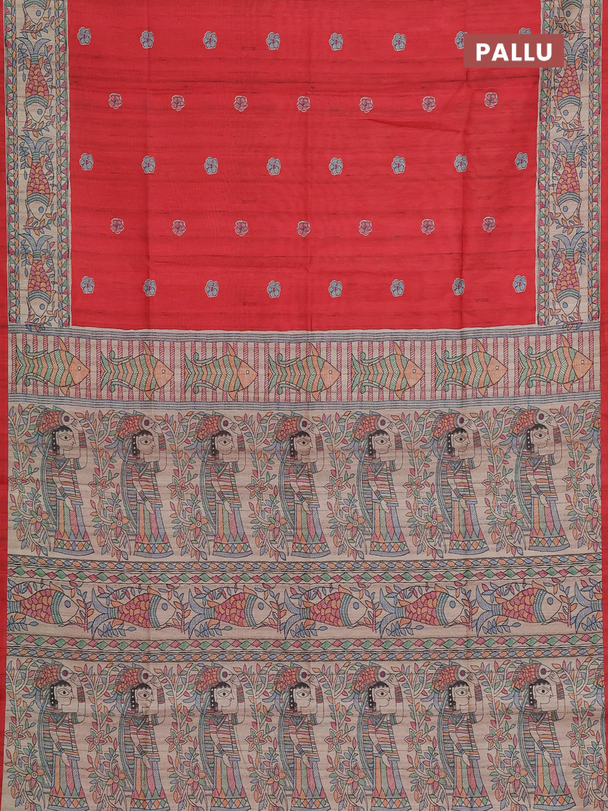 Semi tussar saree red and beige with butta prints and madhubani printed pallu & border - Image 3