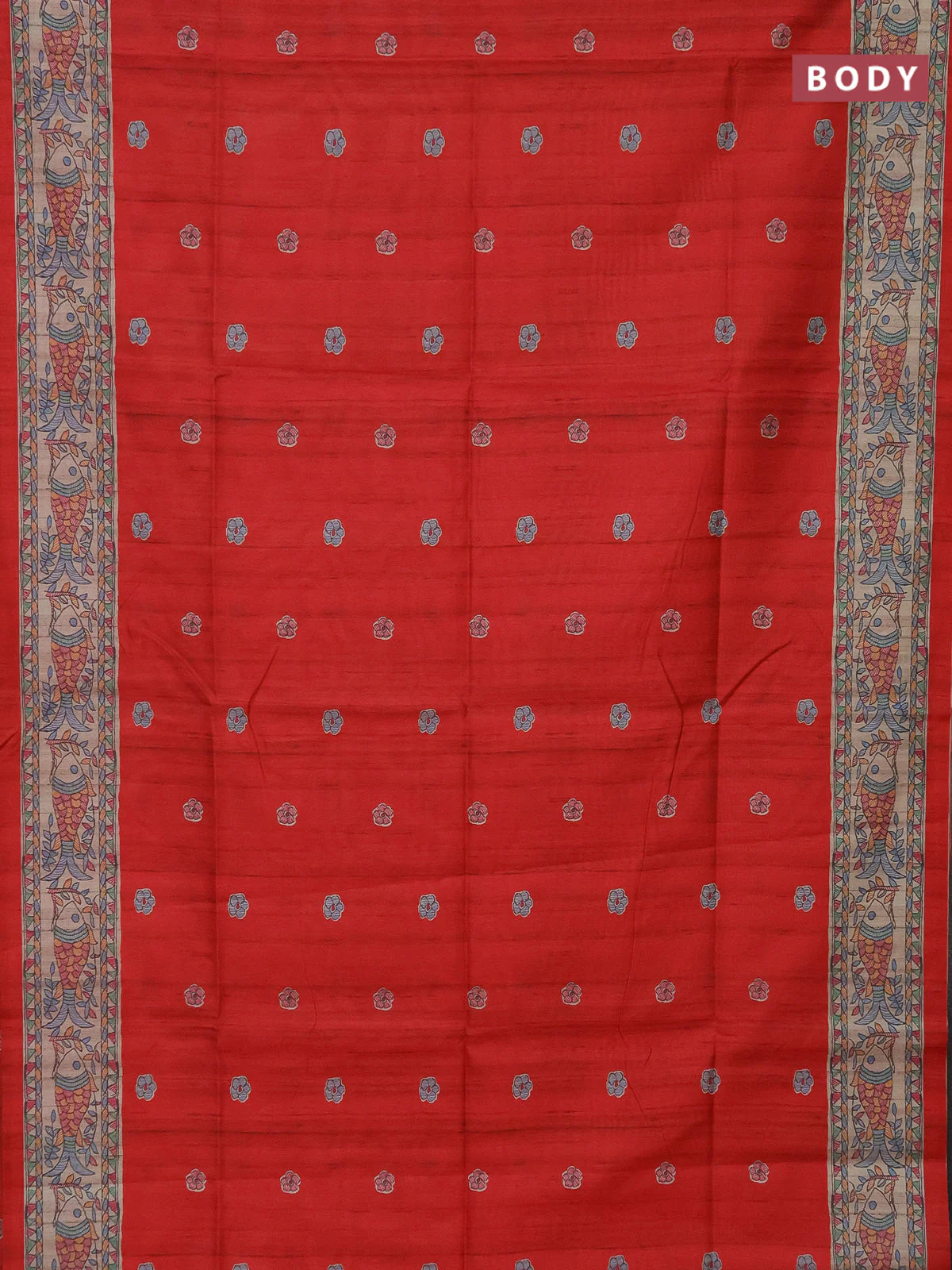 Semi tussar saree red and beige with butta prints and madhubani printed pallu - Image 2