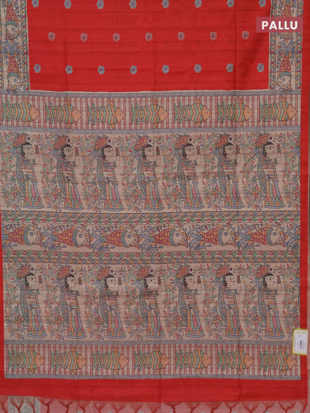 Semi tussar saree red and beige with butta prints and madhubani printed pallu - Image 3
