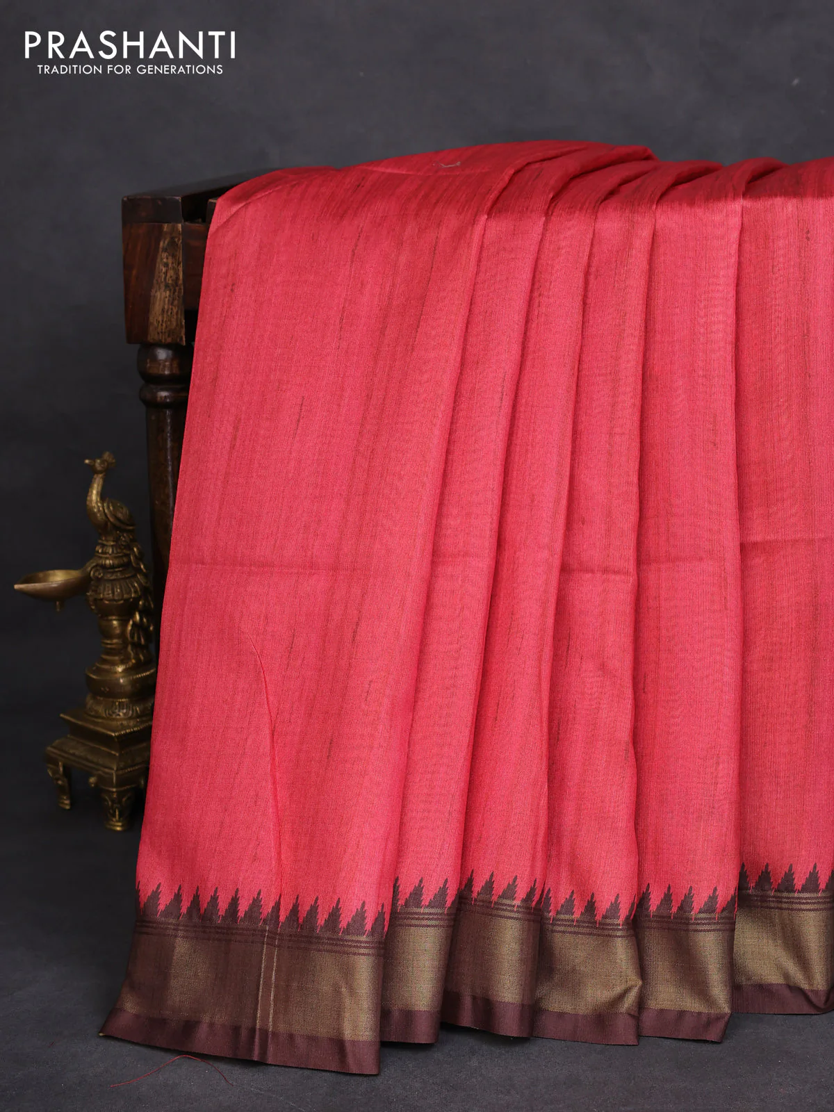 Semi tussar saree red and beige with plain body and madhubani printed pallu - Image 2