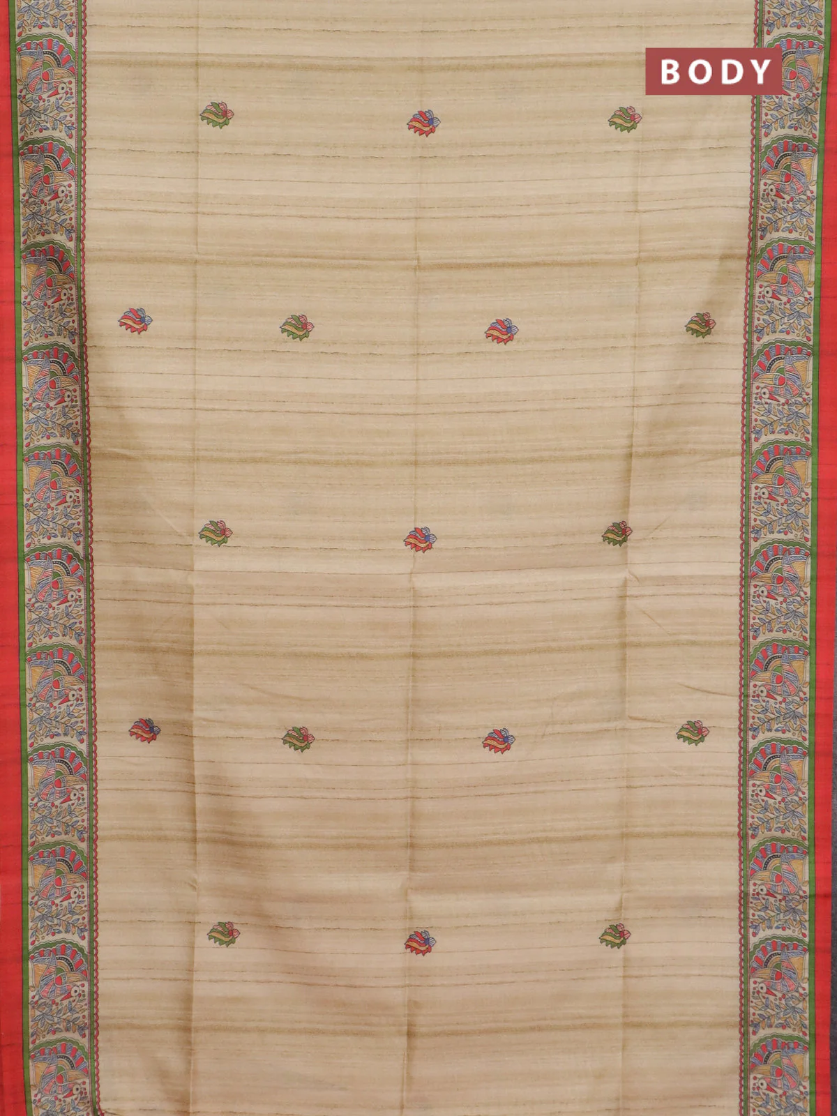 Semi tussar saree red and cream with allover butta prints and madhubani printed pallu & border - Image 2