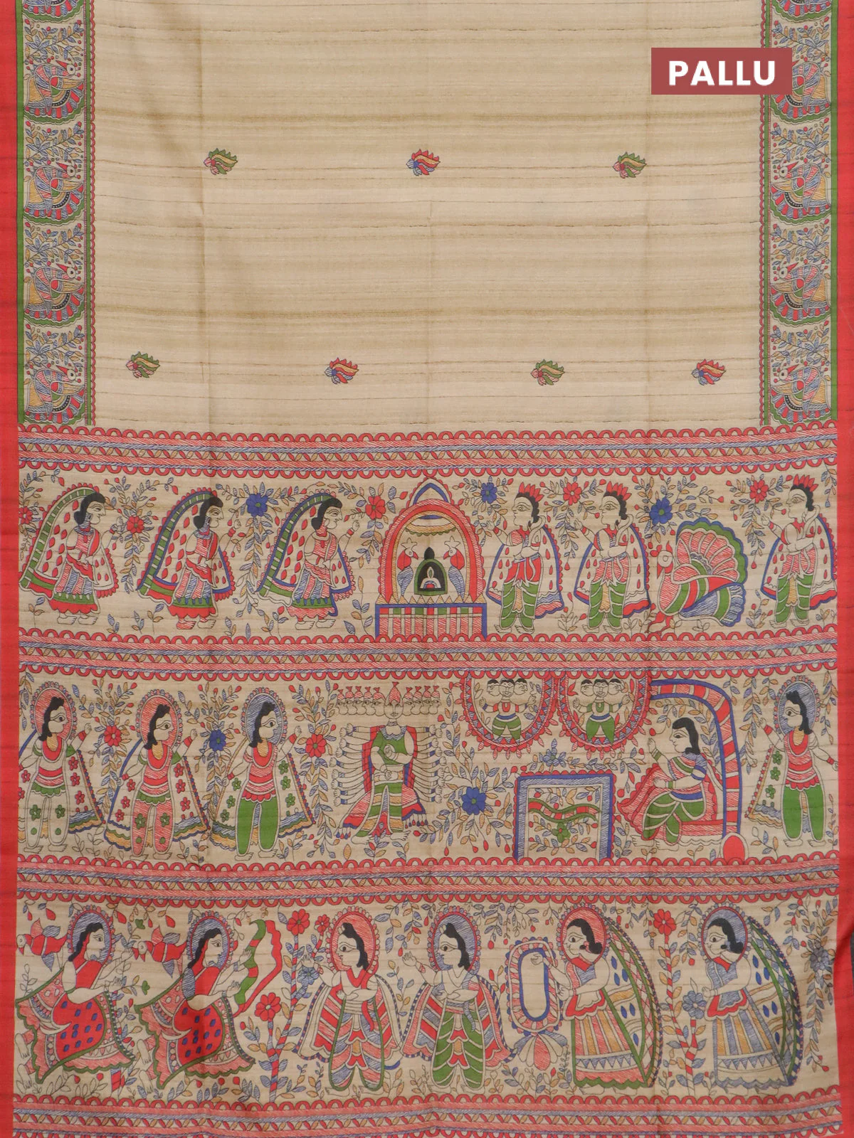 Semi tussar saree red and cream with allover butta prints and madhubani printed pallu & border - Image 3