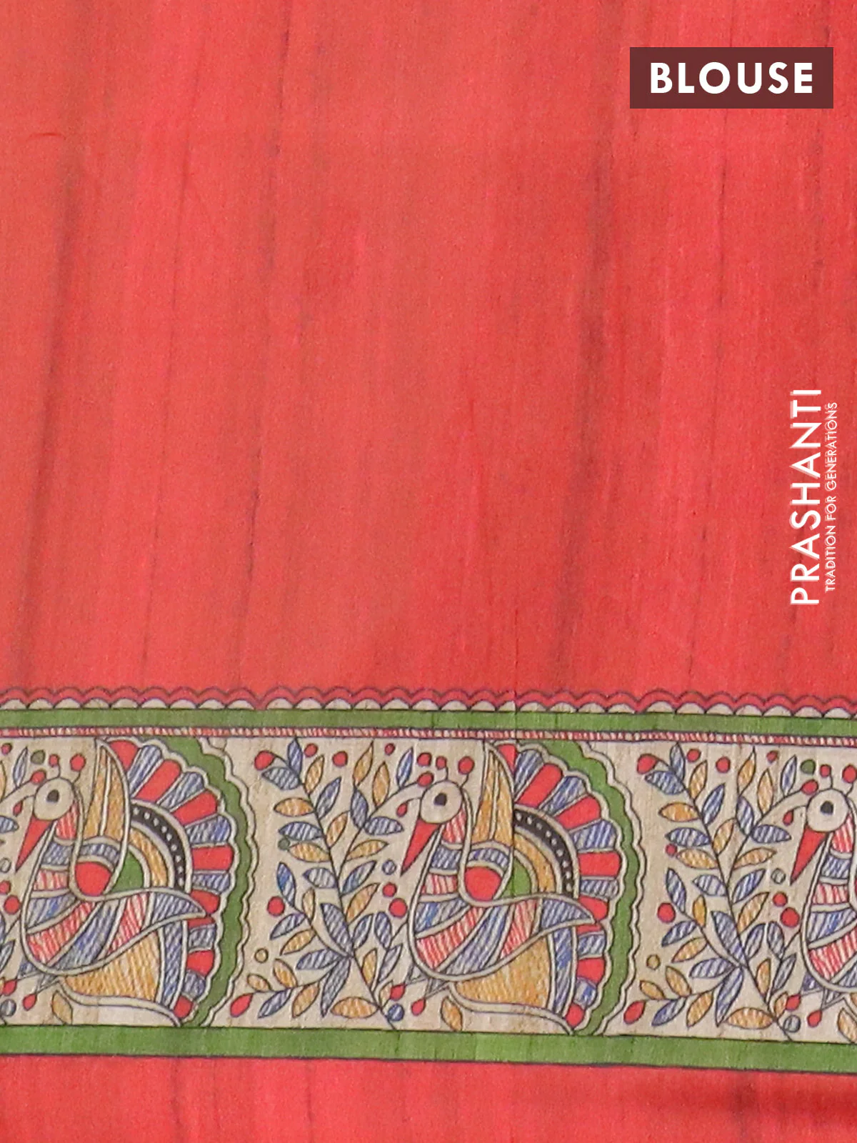 Semi tussar saree red and cream with allover butta prints and madhubani printed pallu & border - Image 4