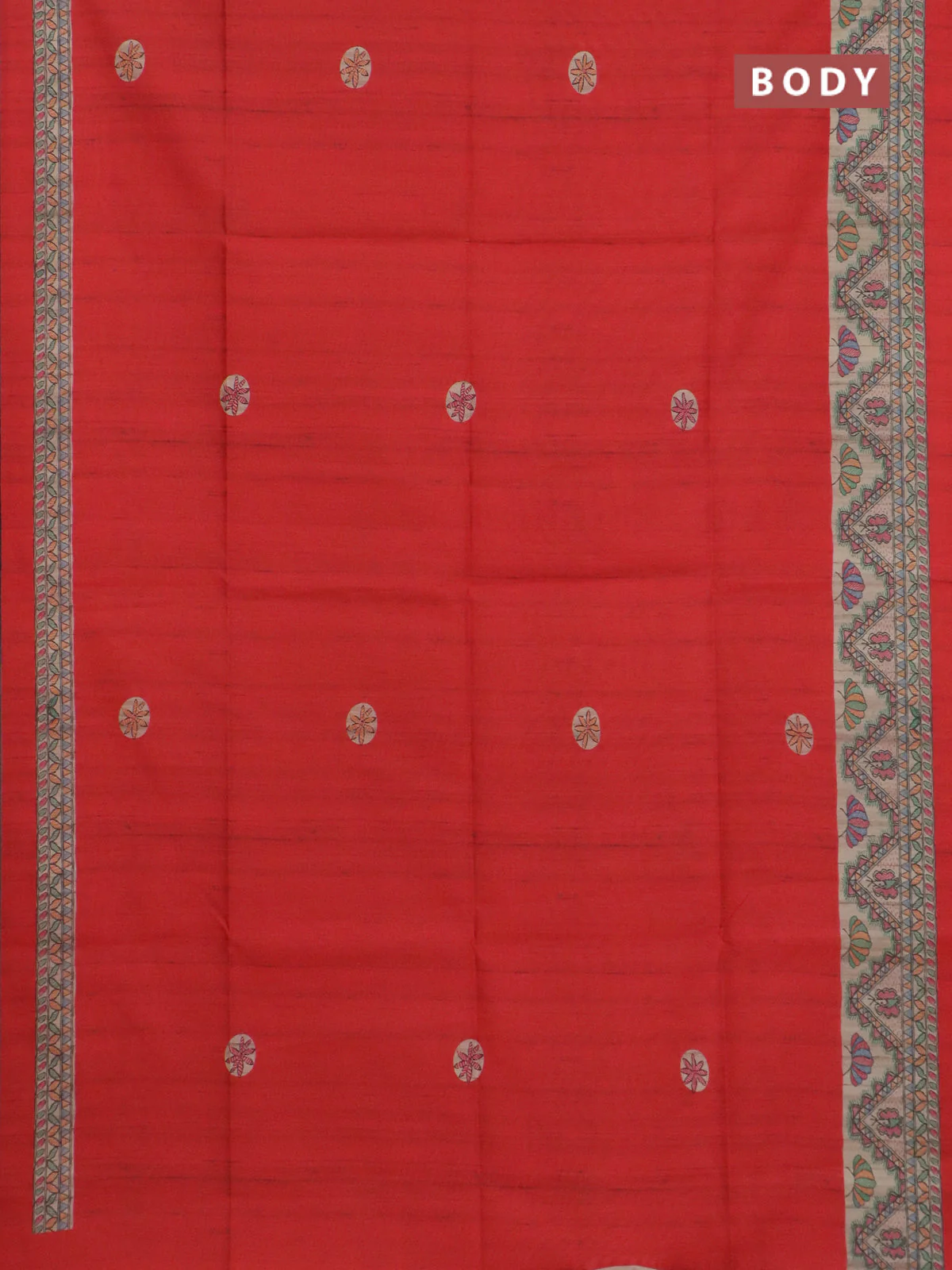 Semi tussar saree red and cream with butta prints and madhubani printed pallu & border - Image 2