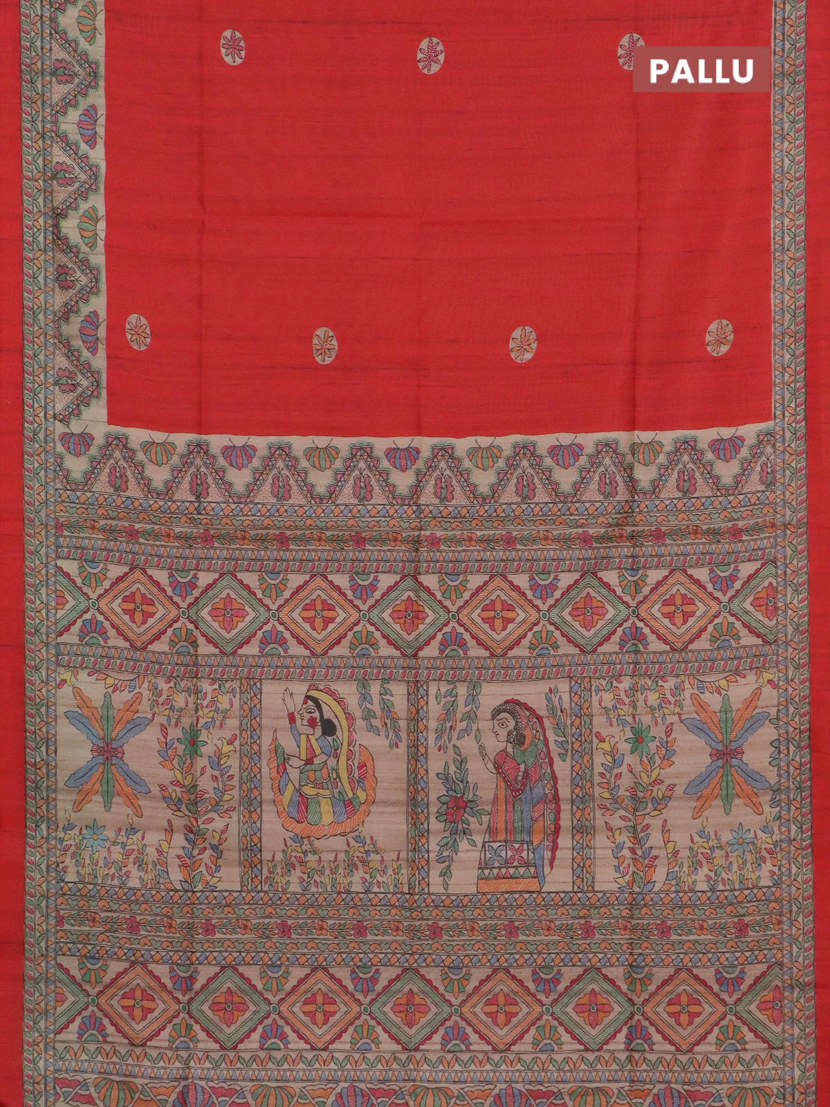 Semi tussar saree red and cream with butta prints and madhubani printed pallu & border - Image 3