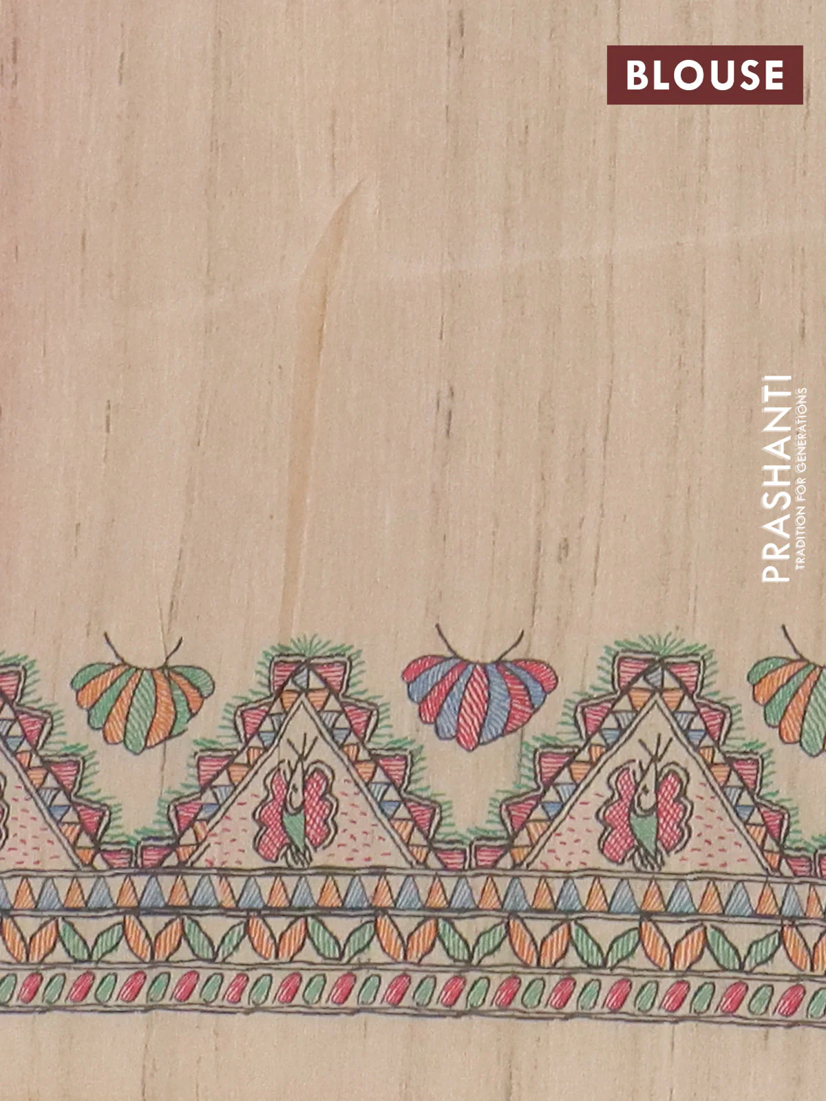 Semi tussar saree red and cream with butta prints and madhubani printed pallu & border - Image 4