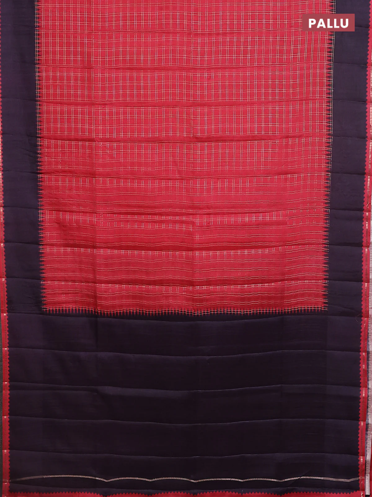 Semi tussar saree red and jamun shade with allover zari checked pattern and rettapet zari woven border - Image 3