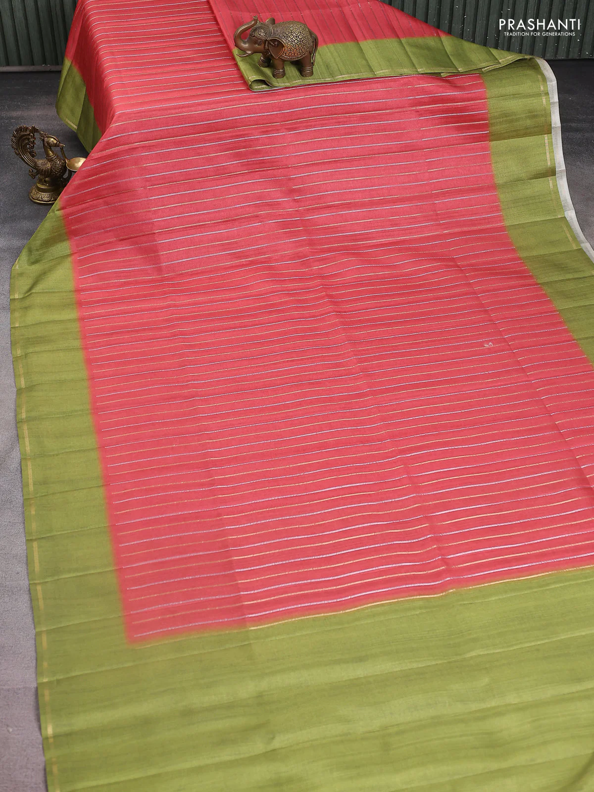 Semi tussar saree red and light green with allover silver & gold zari weaves and simple zari border - Image 2