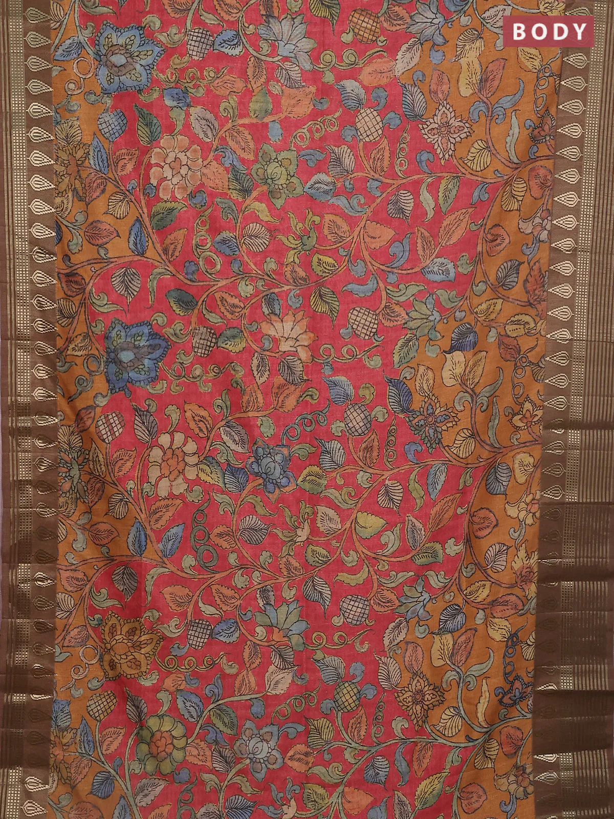 Semi tussar saree red shade and brown with allover kalamkari prints and zari woven border - Image 2