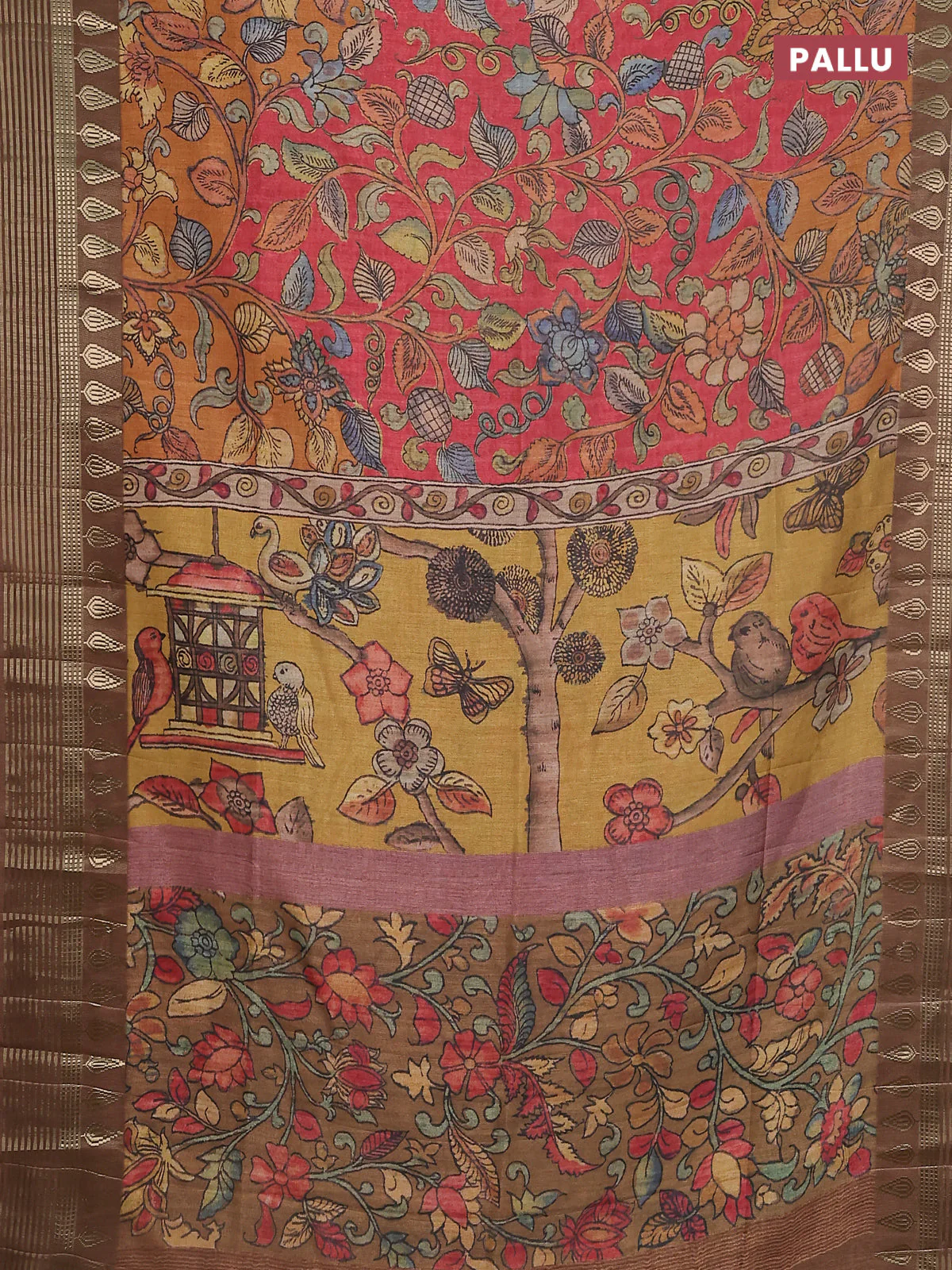 Semi tussar saree red shade and brown with allover kalamkari prints and zari woven border - Image 3