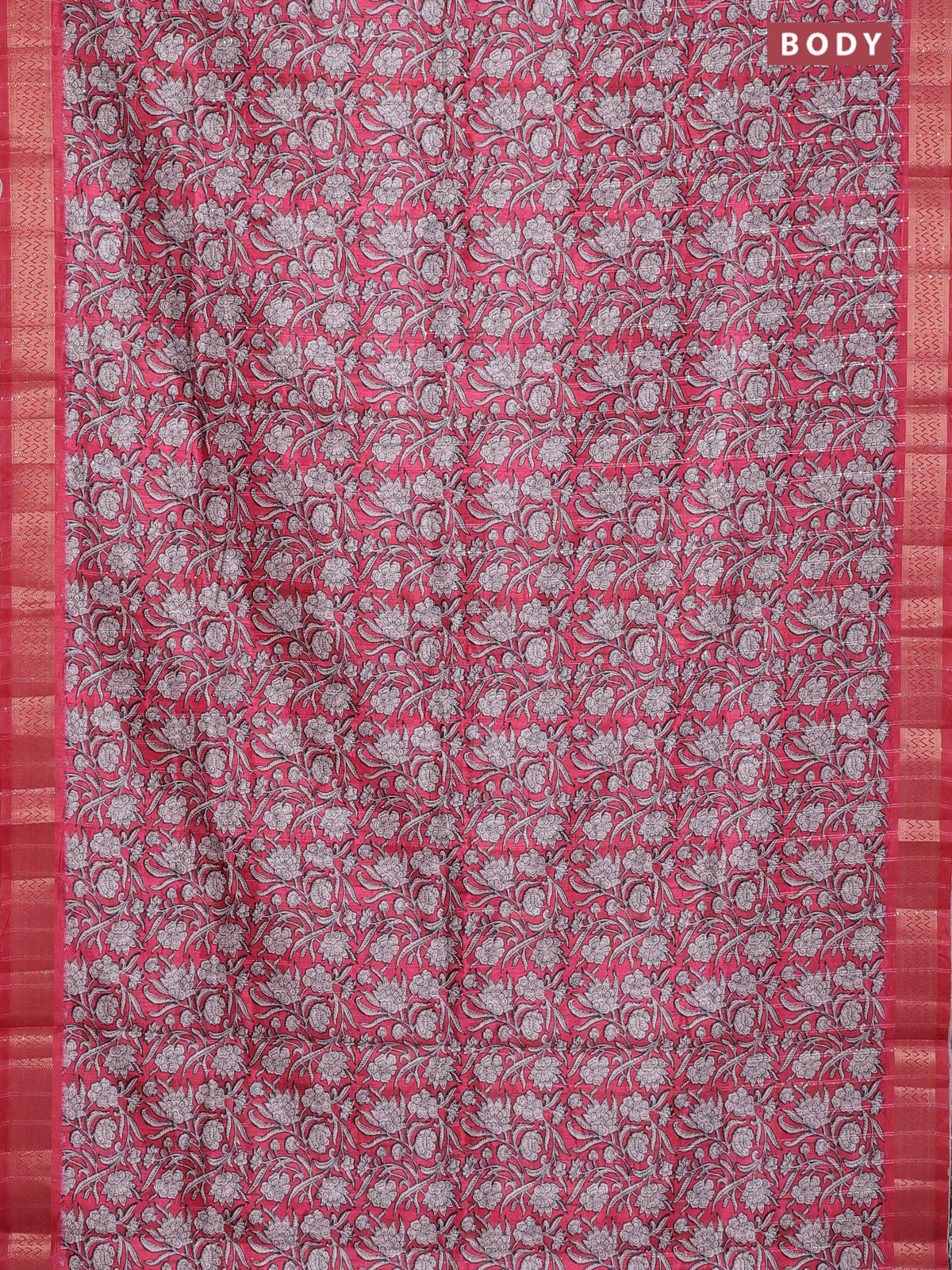 Semi tussar saree reddish pink with allover kalamkari prints & sequin work and zari woven border - Image 2