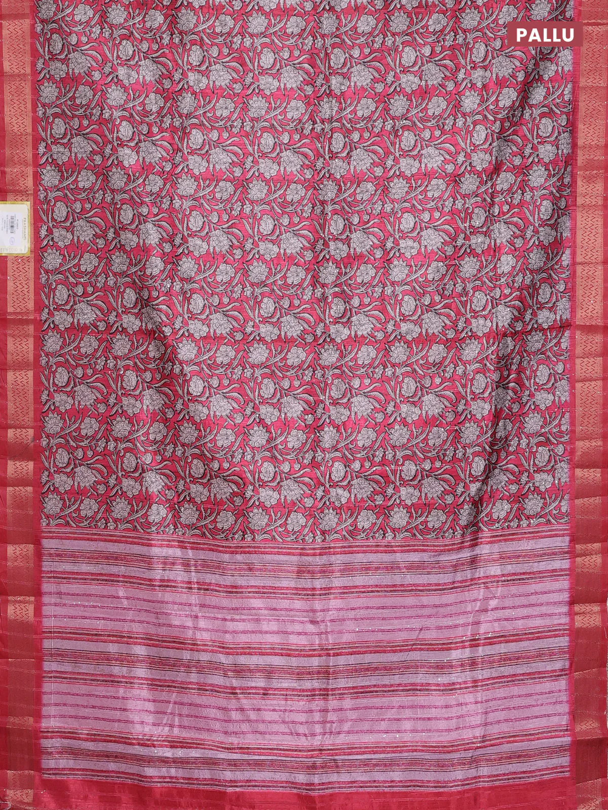 Semi tussar saree reddish pink with allover kalamkari prints & sequin work and zari woven border - Image 3