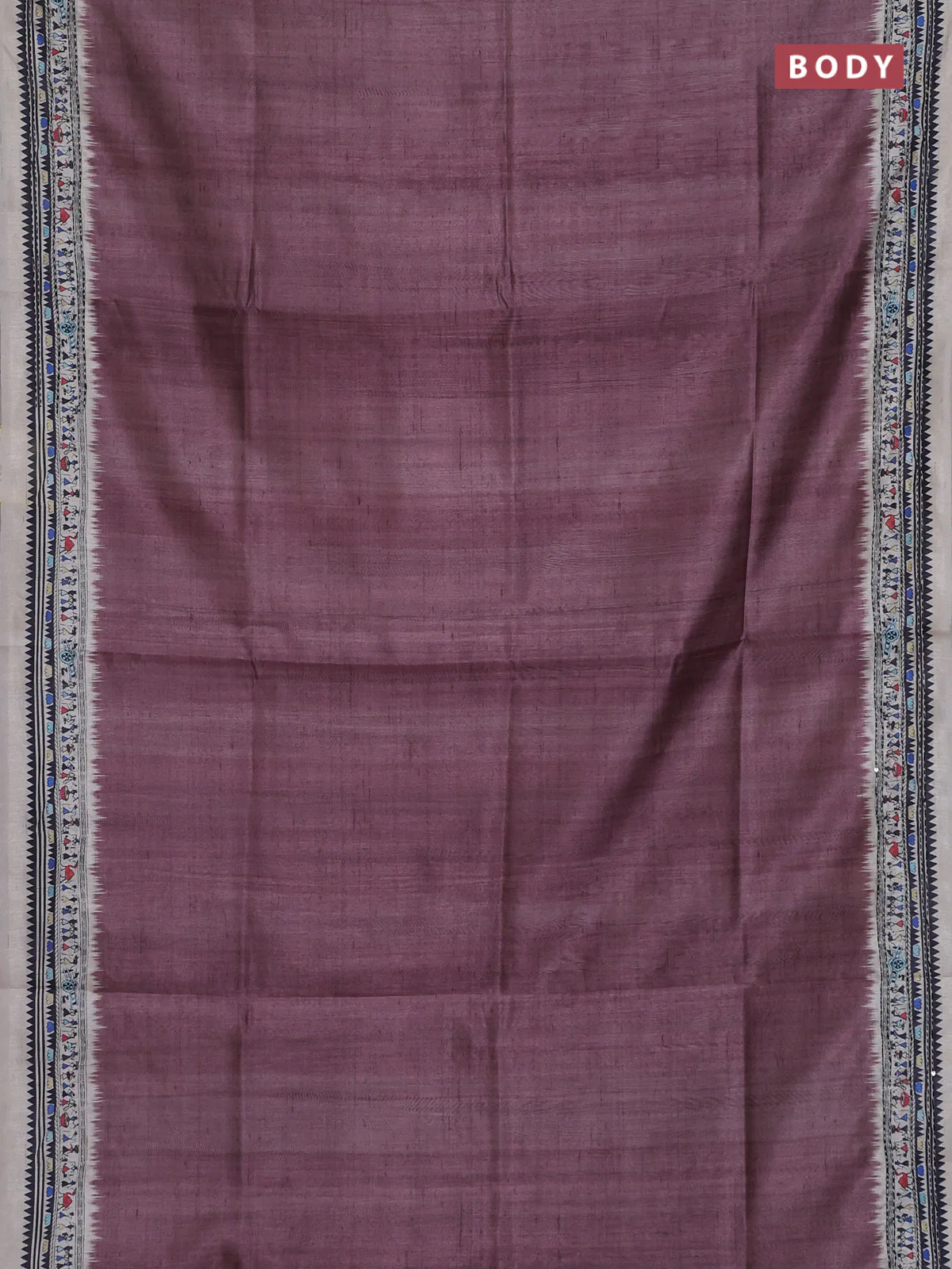 Semi tussar saree rosy brown and cream with plain body and warli prints kantha stitch work border - Image 2