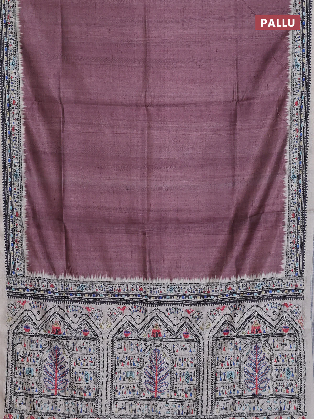Semi tussar saree rosy brown and cream with plain body and warli prints kantha stitch work border - Image 3