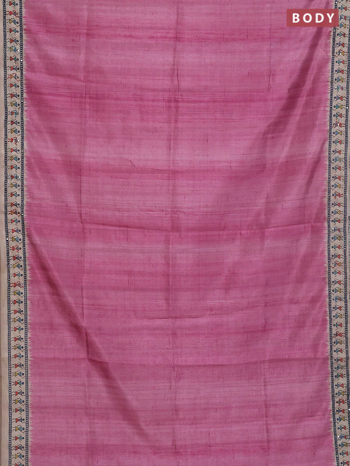 Semi tussar saree mauve pink and cream with plain body and warli prints kantha stitch work border - Image 2