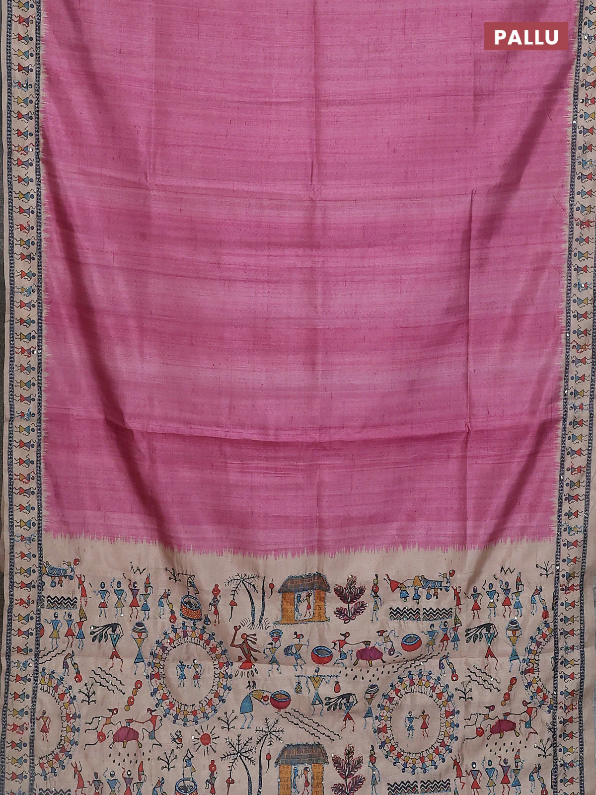 Semi tussar saree mauve pink and cream with plain body and warli prints kantha stitch work border - Image 3