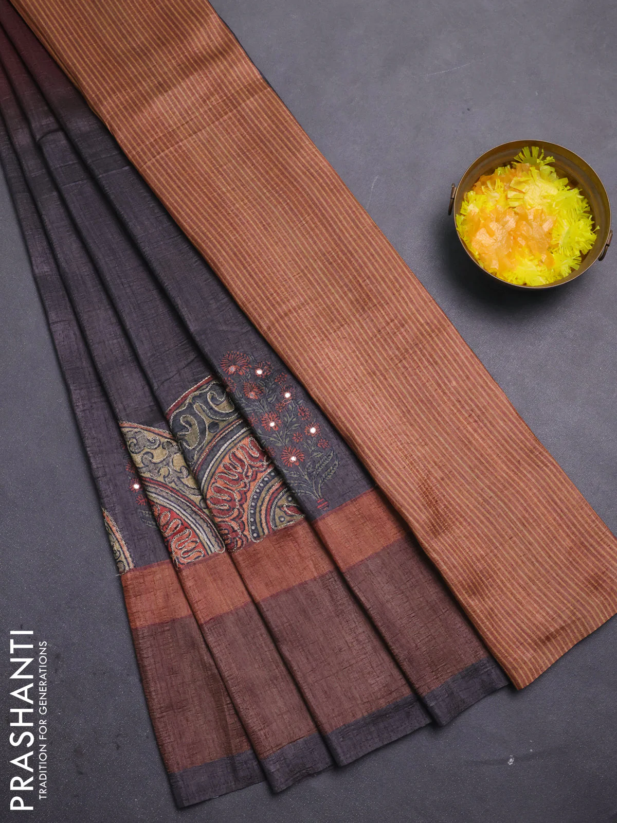 Semi tussar saree rust shade and brown with plain body and mirror embridery work