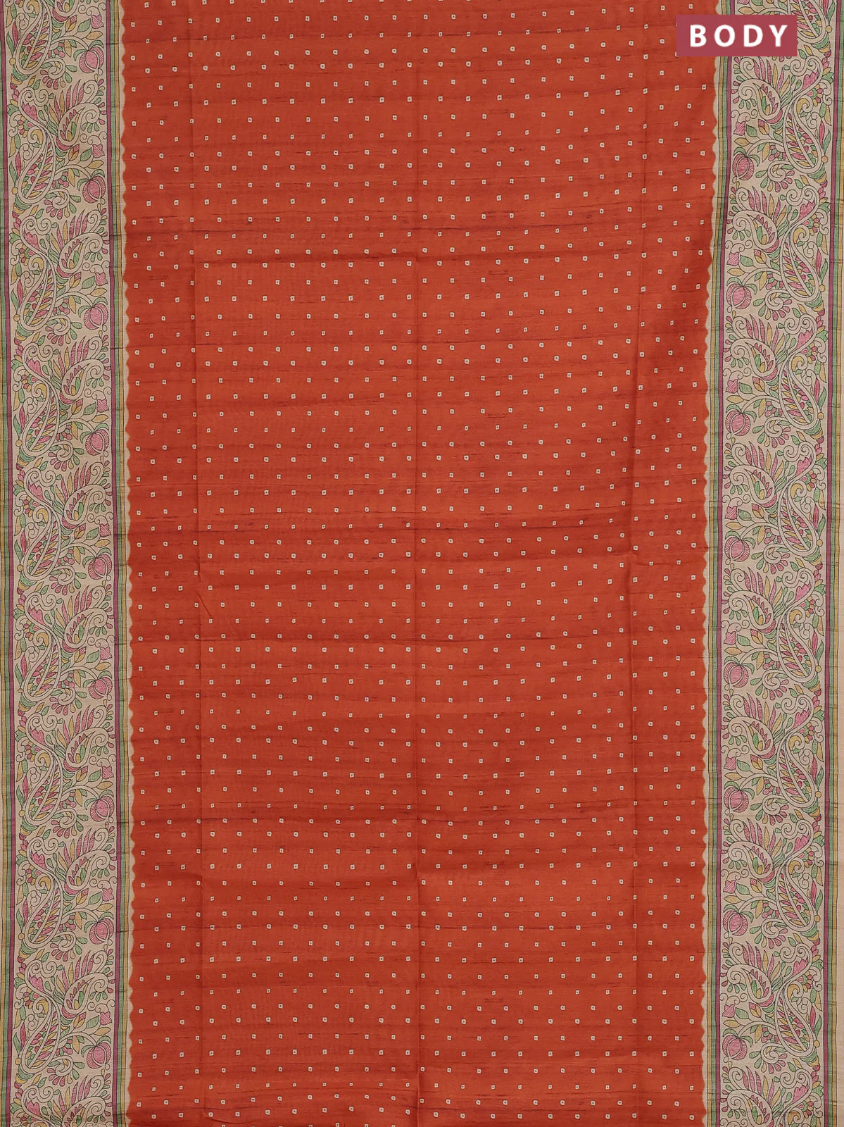Semi tussar saree rust shade and cream with allover bandhani prints and madhubani printed pallu & border - Image 2