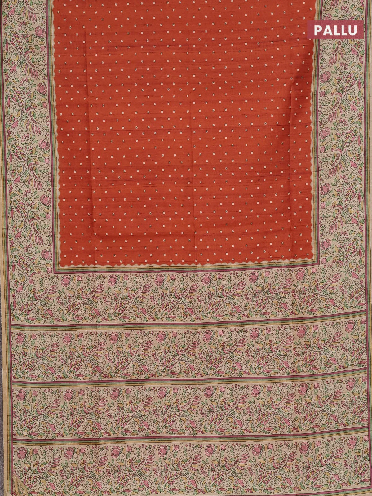 Semi tussar saree rust shade and cream with allover bandhani prints and madhubani printed pallu & border - Image 3