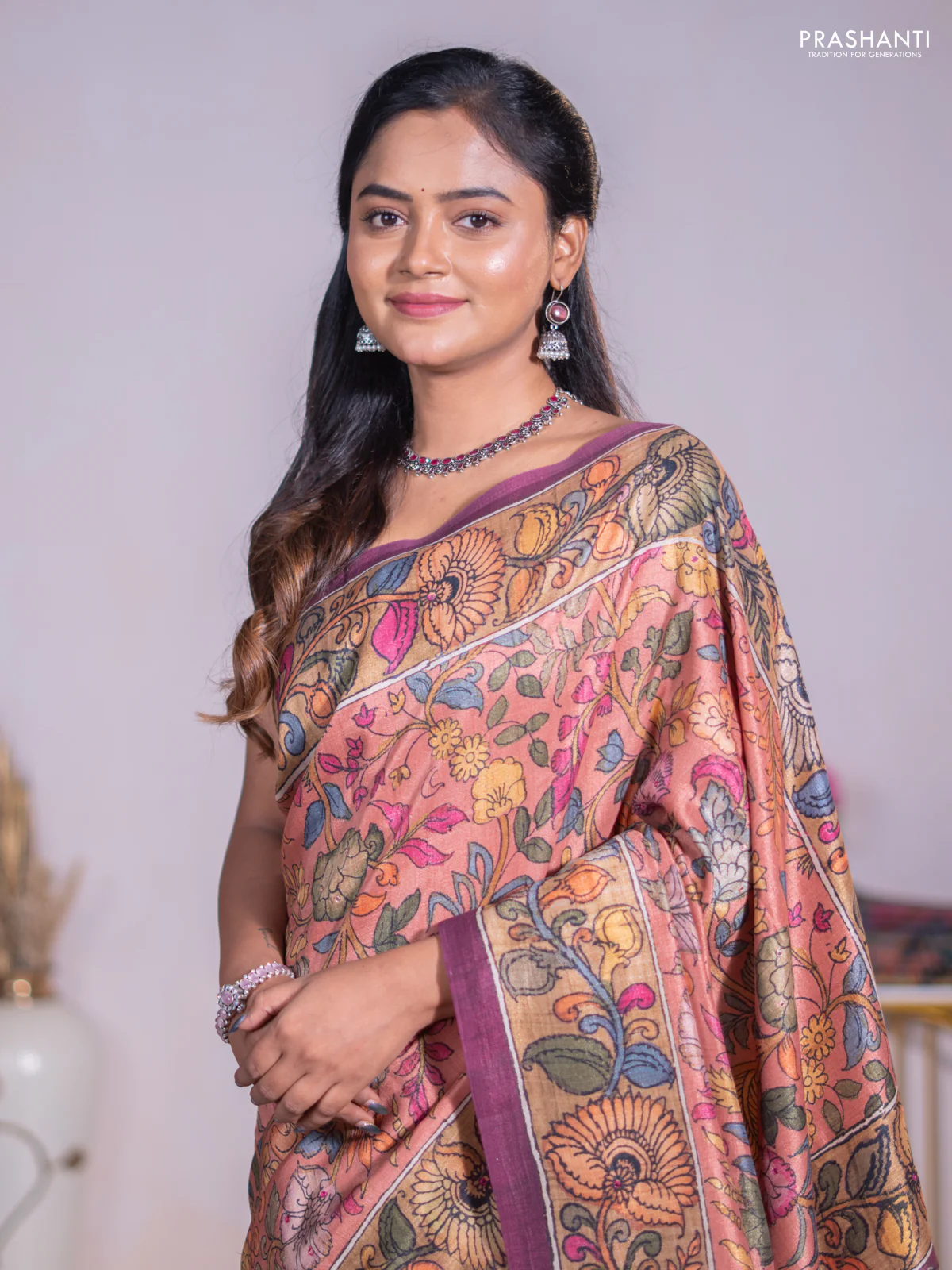 Semi tussar saree rust shade and pastel maroon with allover kalamkari prints and mirror work - Image 2