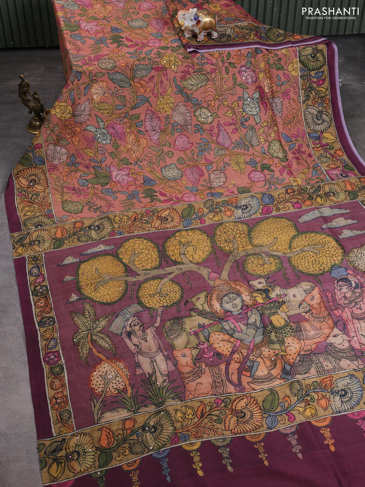 Semi tussar saree rust shade and pastel maroon with allover kalamkari prints and mirror work - Image 4