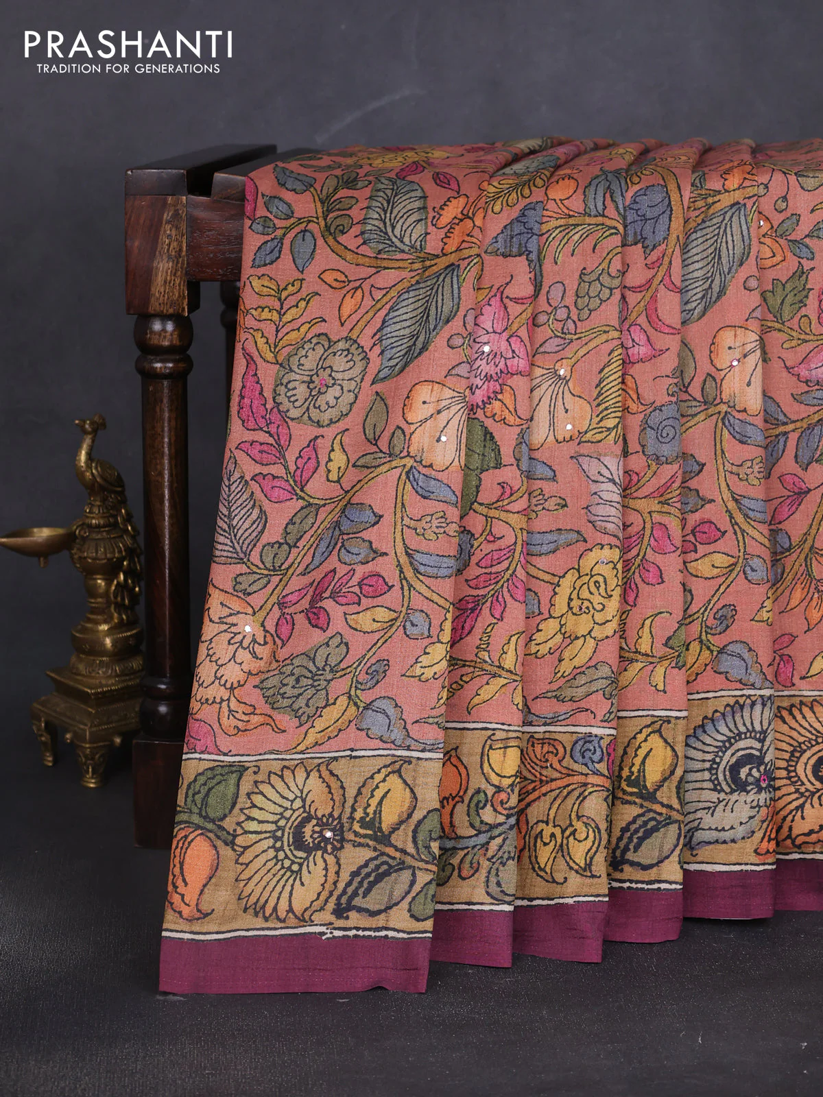 Semi tussar saree rust shade and pastel maroon with allover kalamkari prints and mirror work - Image 5