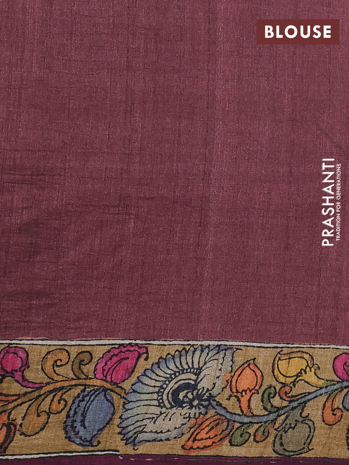 Semi tussar saree rust shade and pastel maroon with allover kalamkari prints and mirror work - Image 6