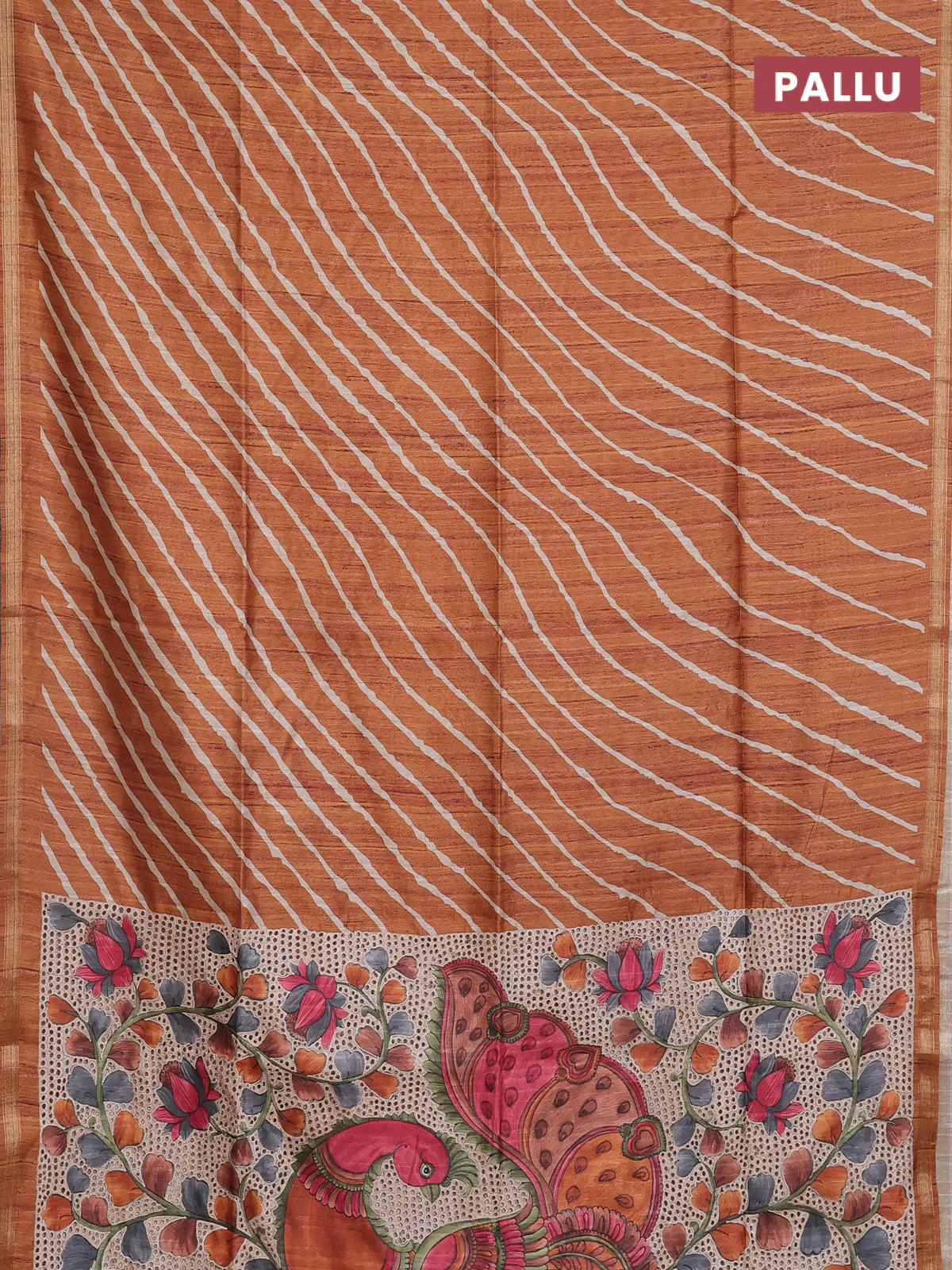 Semi tussar saree rust shade with leheriya prints and kalamkari prints & cut work pallu - Image 3