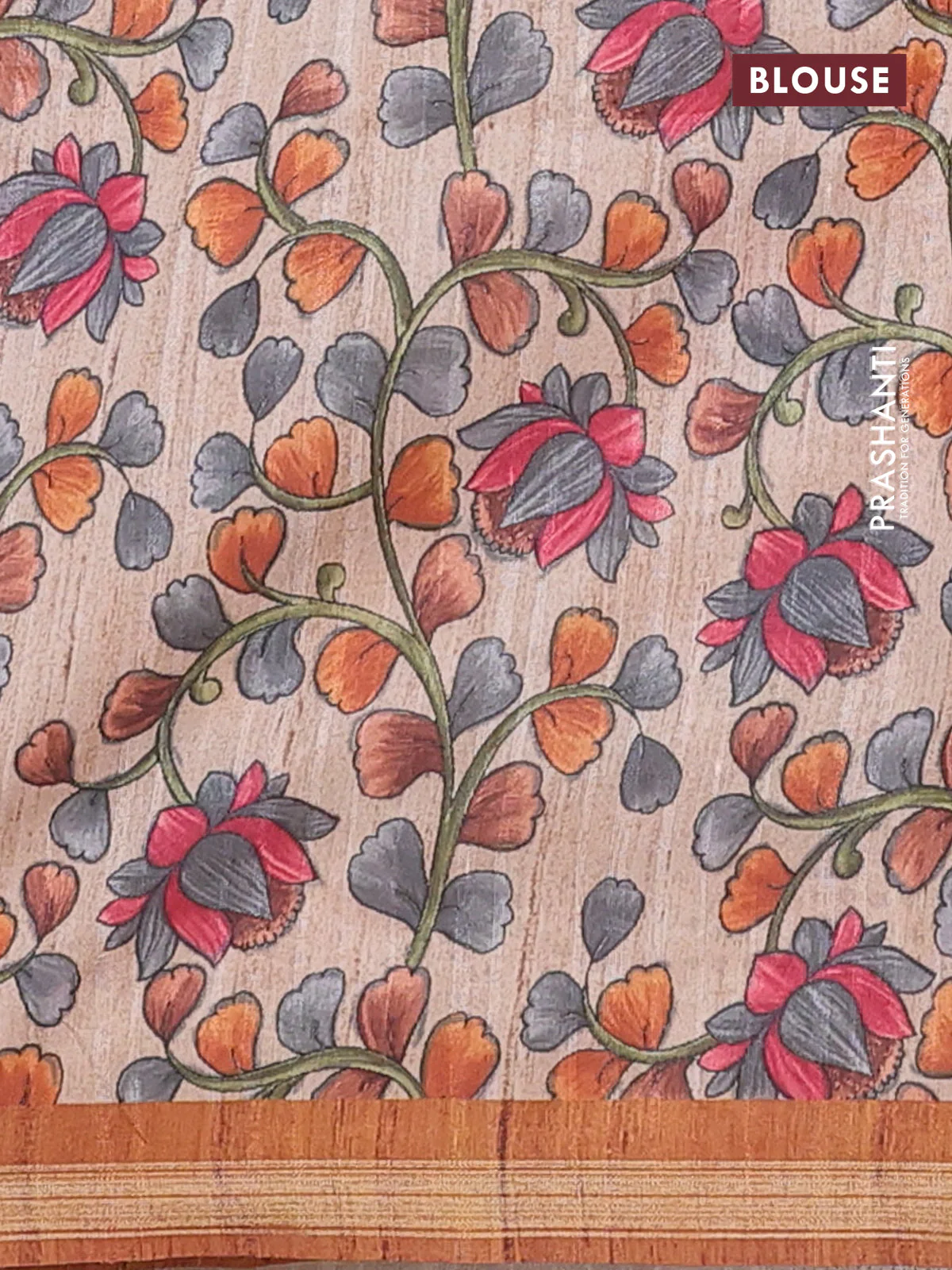 Semi tussar saree rust shade with leheriya prints and kalamkari prints & cut work pallu - Image 4