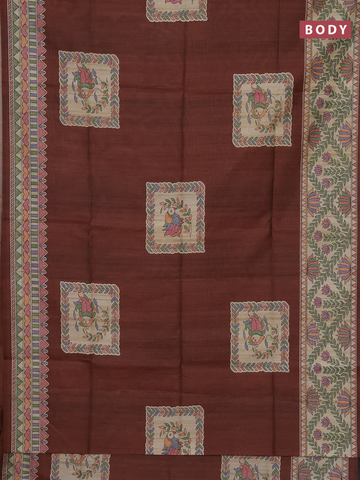 Semi tussar saree rustic brown and beige with madhubani prints and printed border - Image 2
