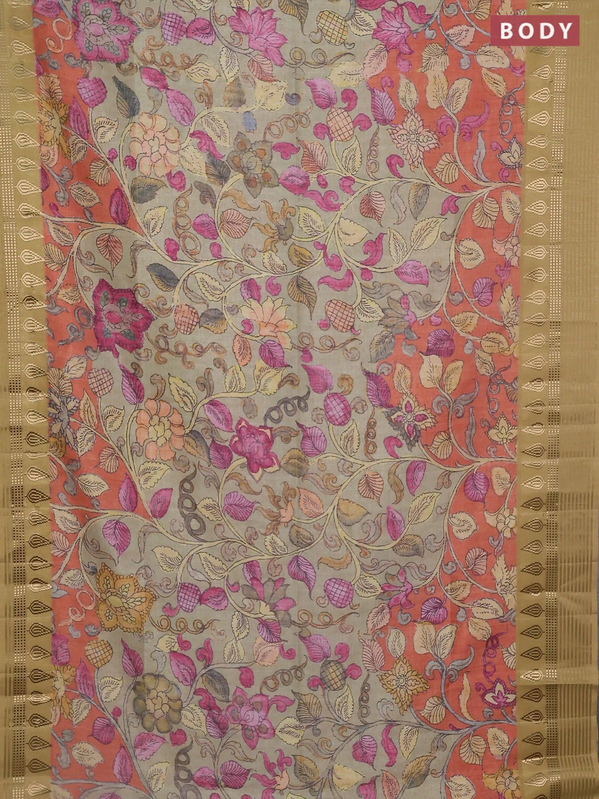 Semi tussar saree rustic orange and dark mustard with allover kalamkari prints and zari woven border - Image 2