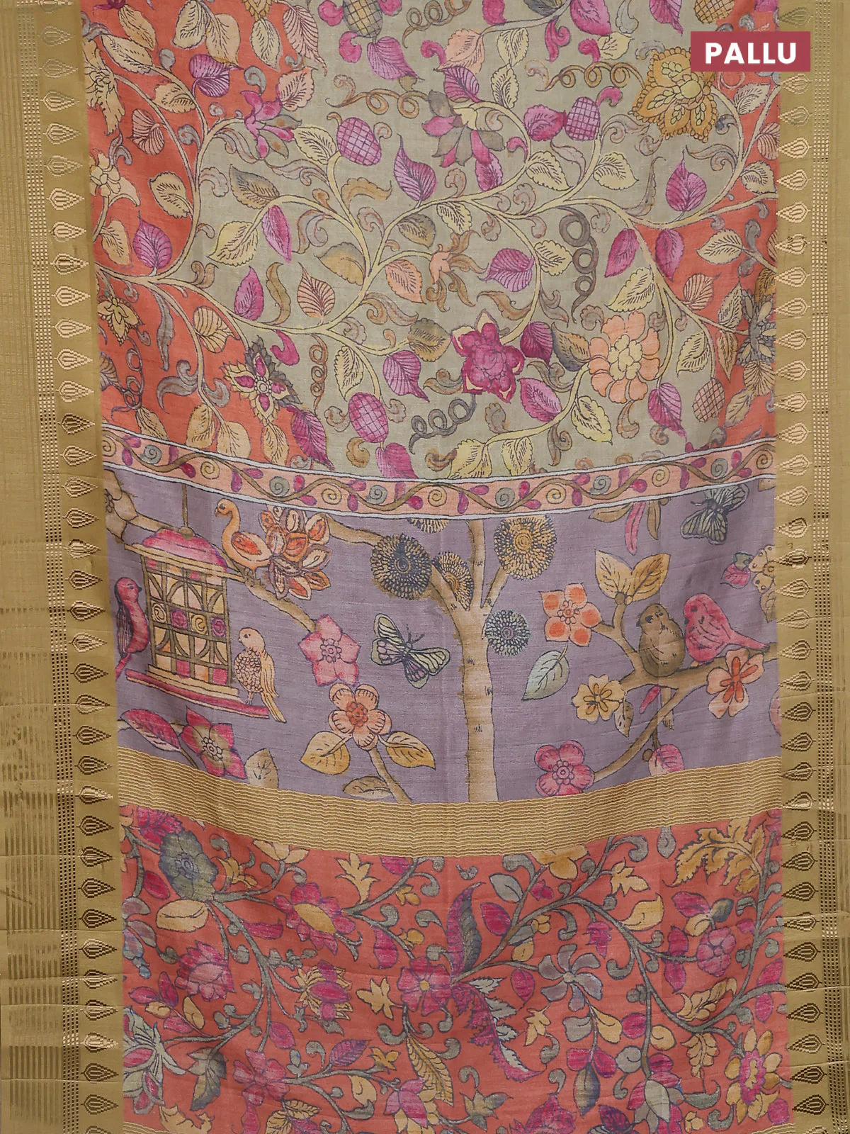 Semi tussar saree rustic orange and dark mustard with allover kalamkari prints and zari woven border - Image 3