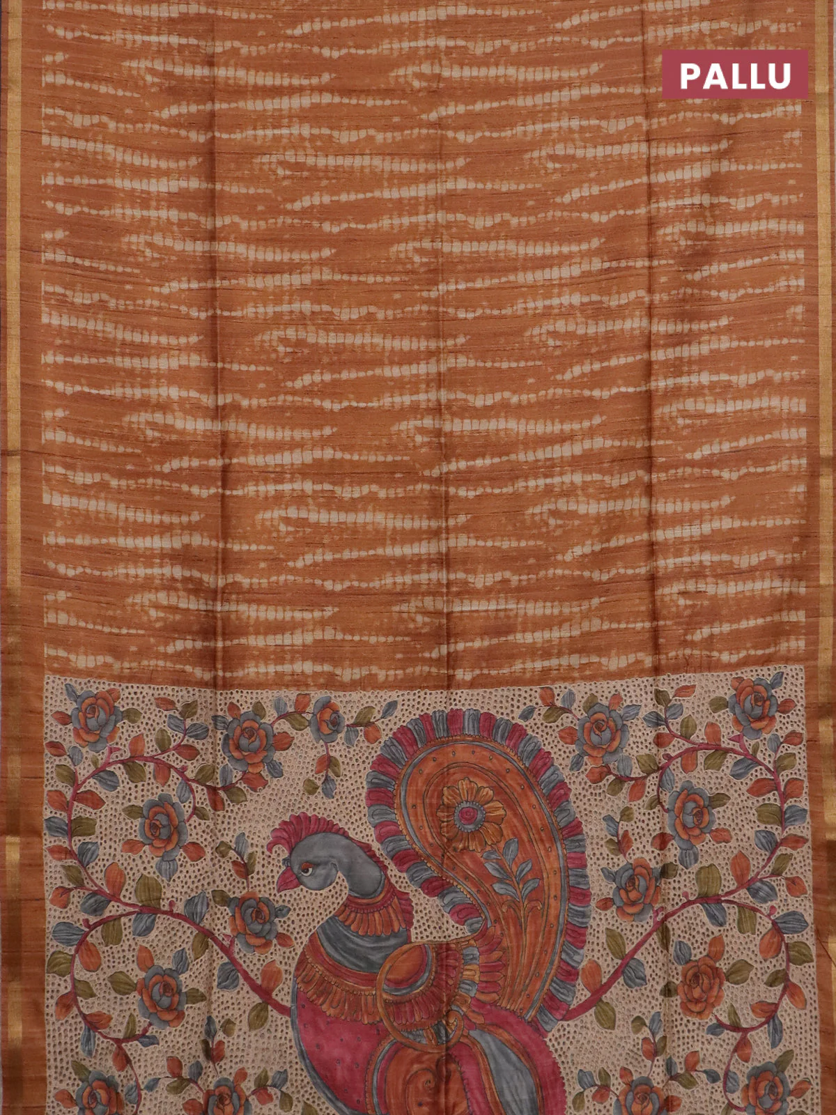 Semi tussar saree rustic orange with shibori prints and kalamkari prints & cut work pallu - Image 3