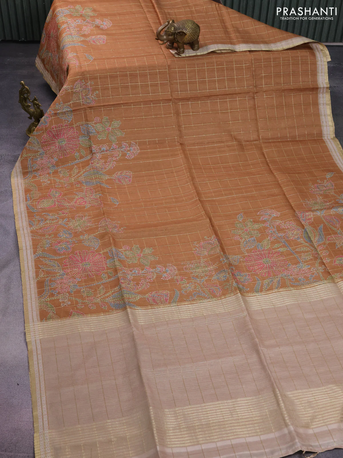 Semi tussar saree sandal and beige with allover zari checks & digital prints and zari woven border - Image 2