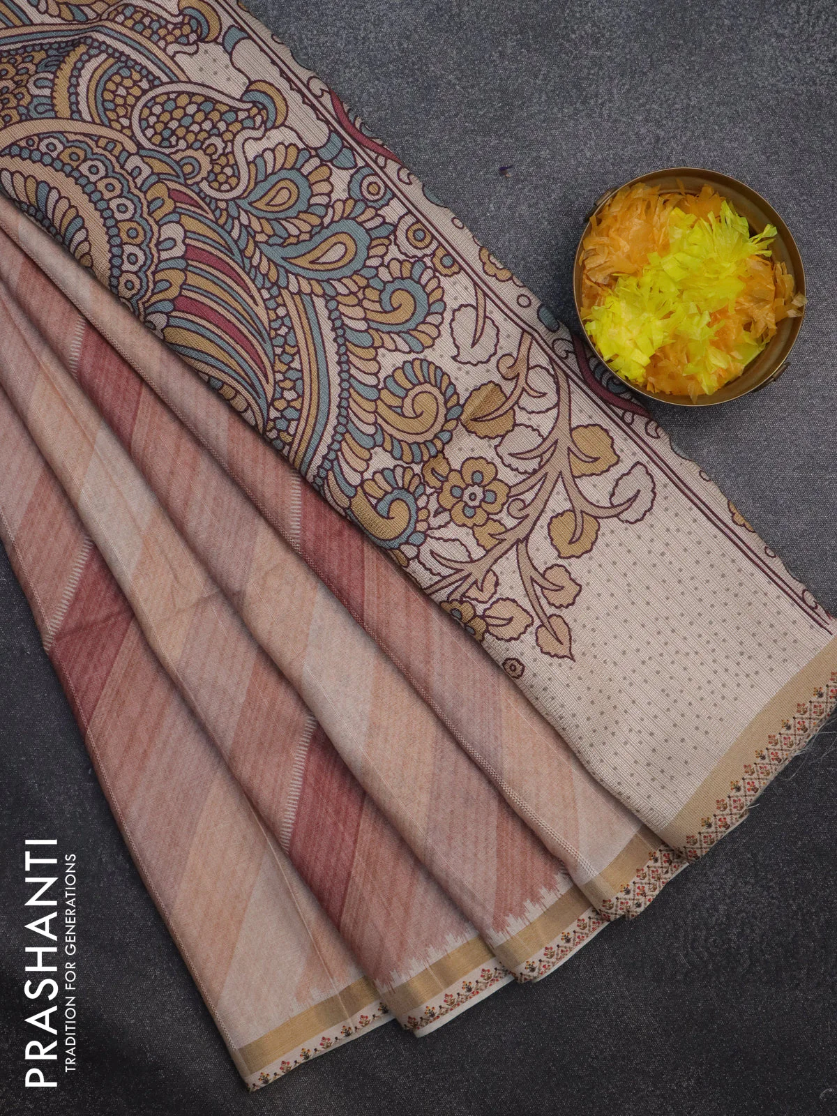 Semi tussar saree sandal and beige with allover zig zag saree and kalamkari printed pallu - Image 2