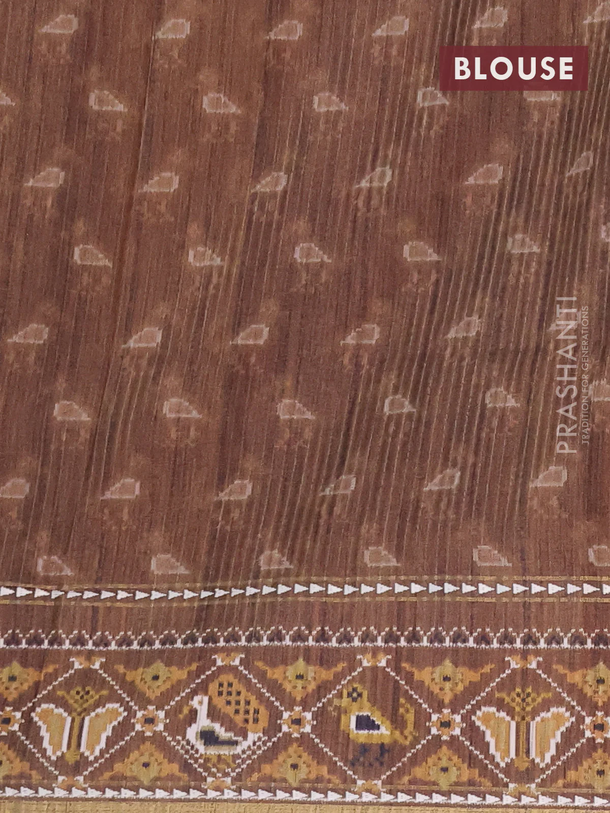 Semi tussar saree sandal and brown with plain body and patola printed border - Image 4
