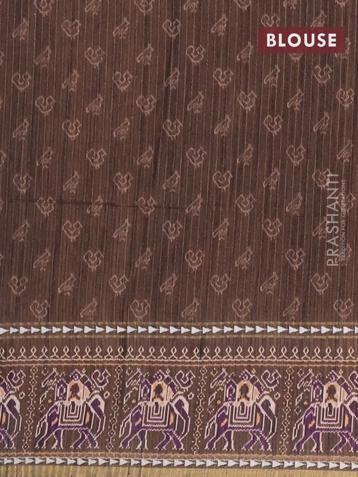 Semi tussar saree sandal and brown with plain body and patola printed border - Image 4