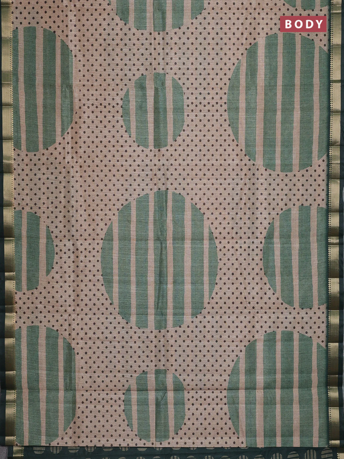 Semi tussar saree sandal and green with allover prints and zari woven border - Image 2