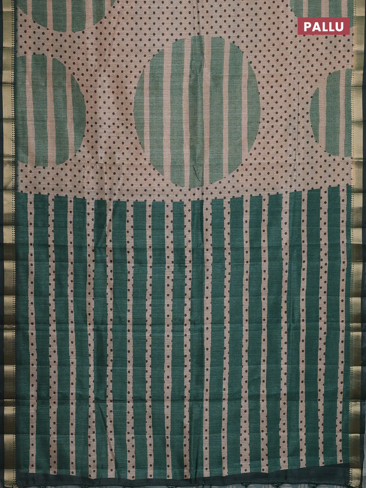Semi tussar saree sandal and green with allover prints and zari woven border - Image 3