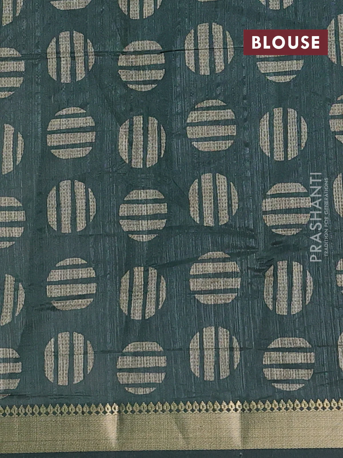 Semi tussar saree sandal and green with allover prints and zari woven border - Image 4