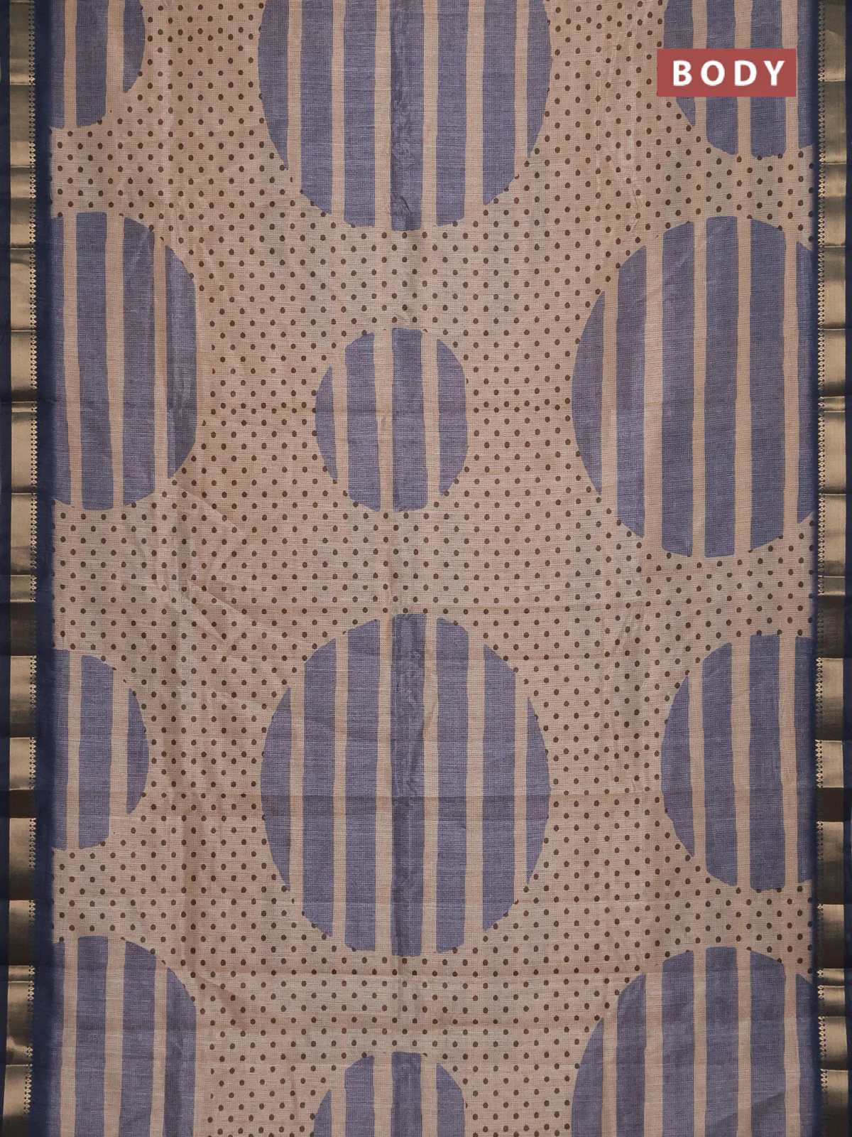 Semi tussar saree sandal and grey with allover prints and zari woven border - Image 2