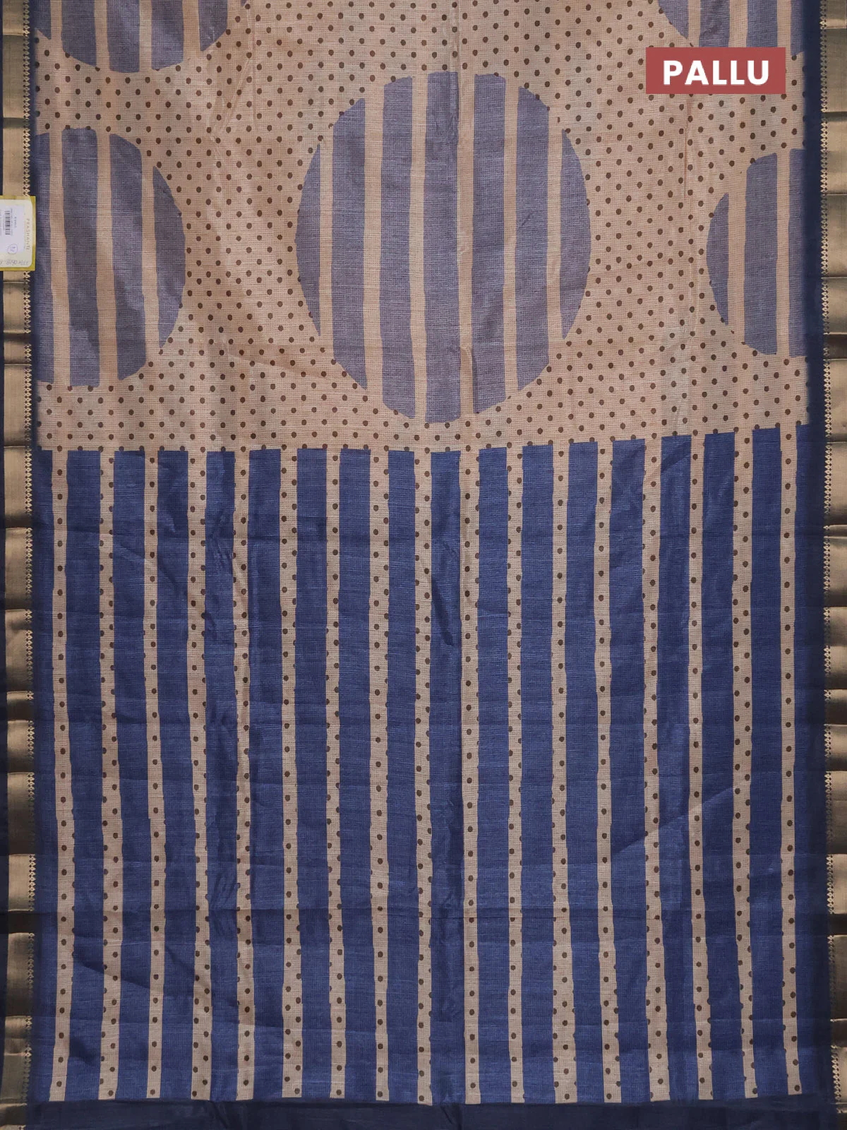Semi tussar saree sandal and grey with allover prints and zari woven border - Image 3