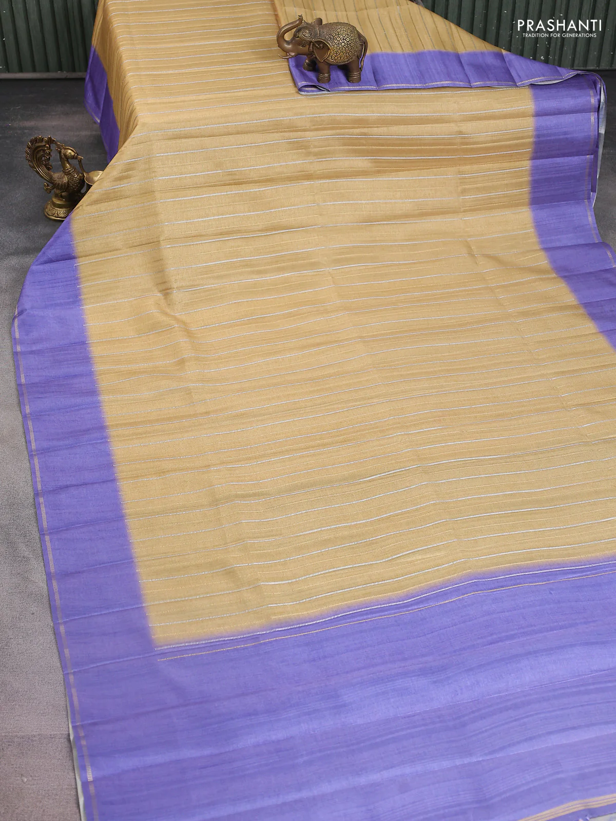 Semi tussar saree sandal and violet with allover silver & gold zari weaves and simple zari border - Image 2