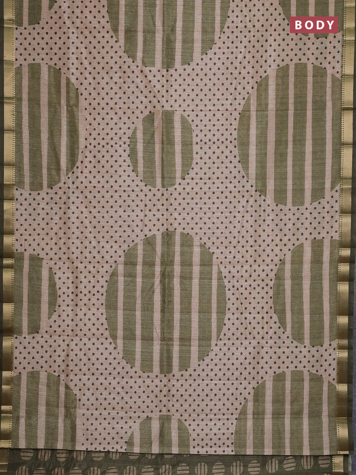 Semi tussar saree sandal and sap green with allover prints and zari woven border - Image 2