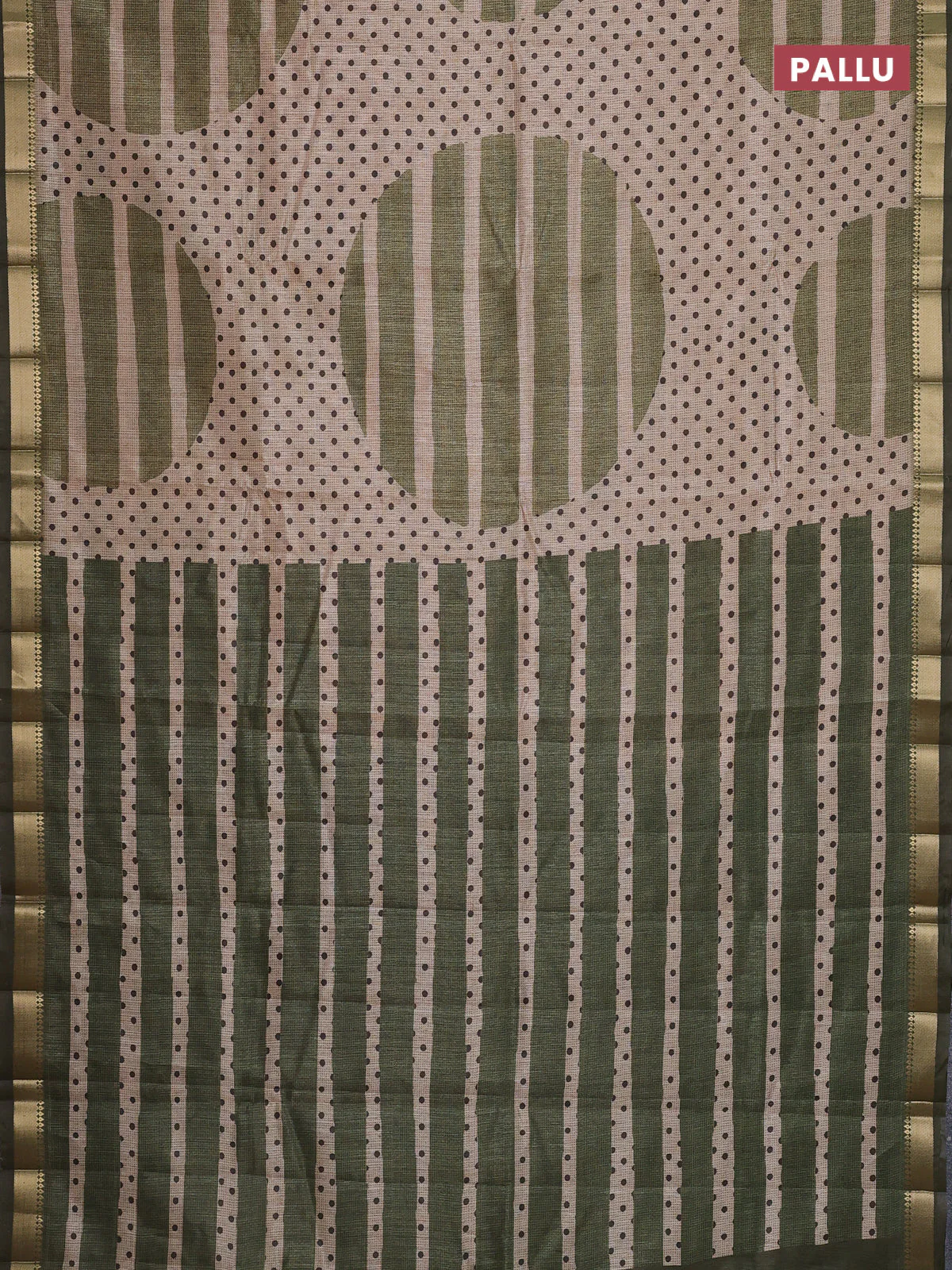 Semi tussar saree sandal and sap green with allover prints and zari woven border - Image 3