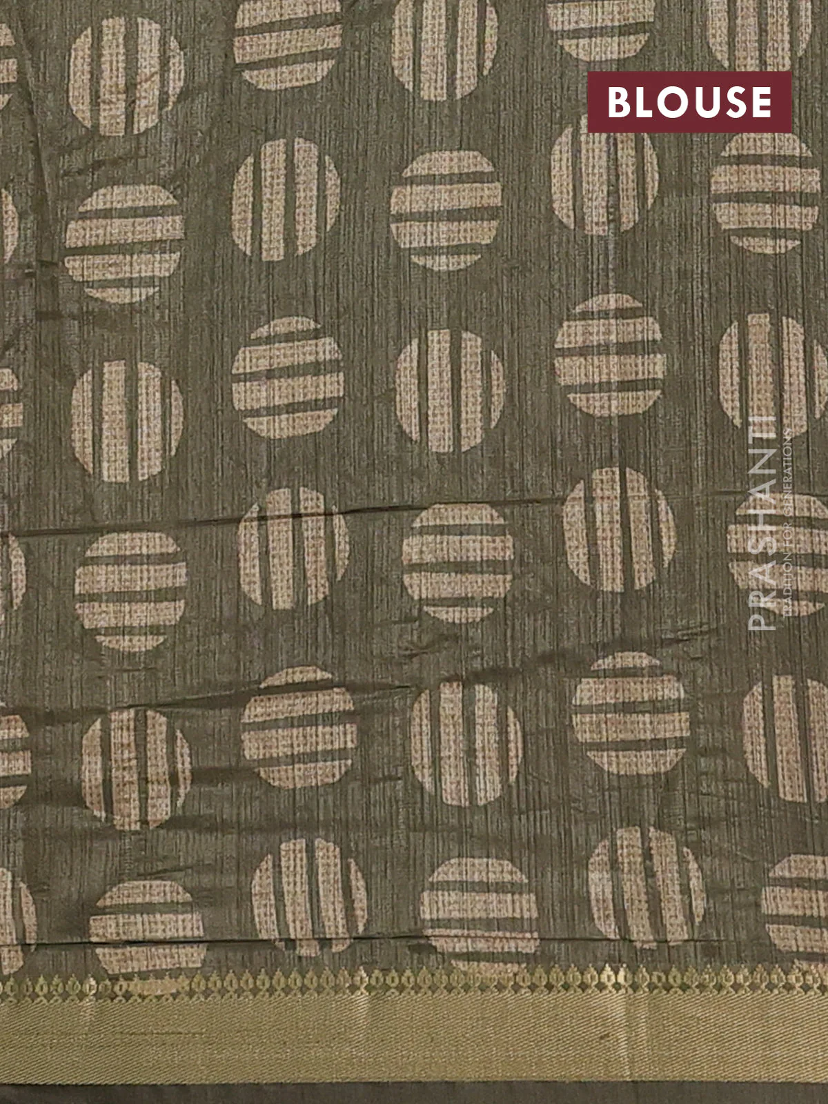 Semi tussar saree sandal and sap green with allover prints and zari woven border - Image 4