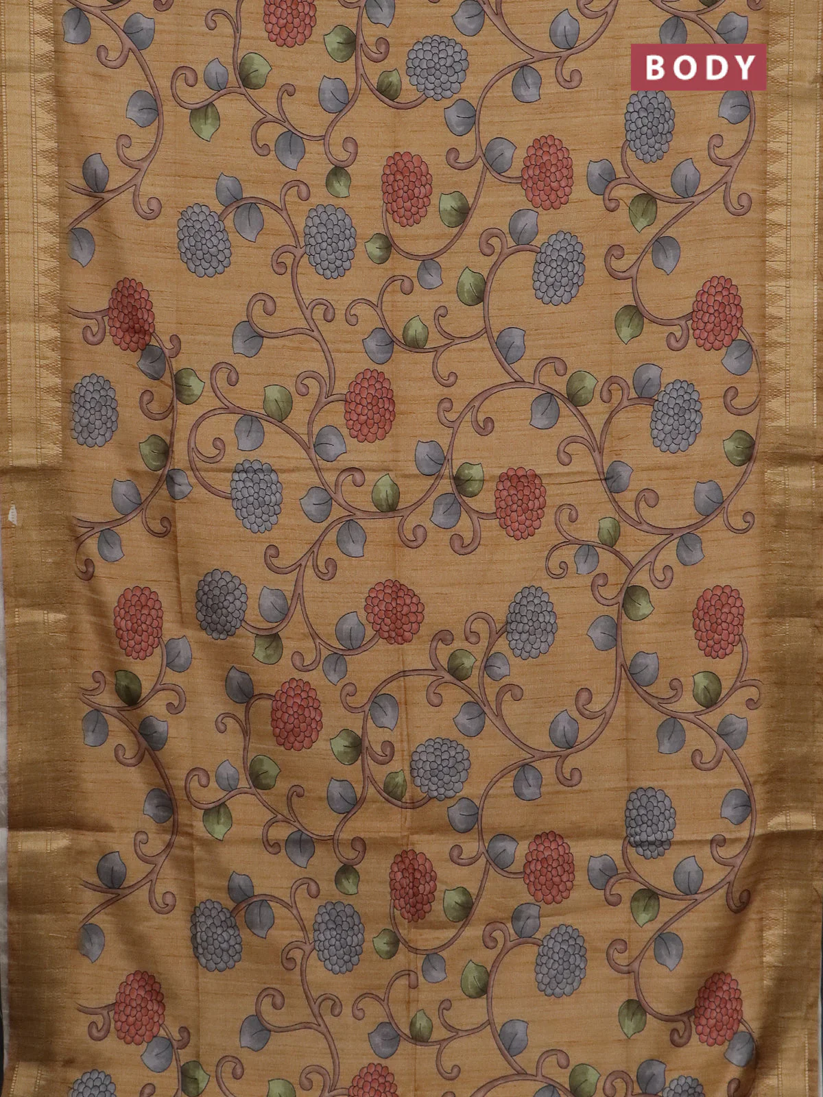 Semi tussar saree sandal with allover floral prints and zari woven border - Image 2