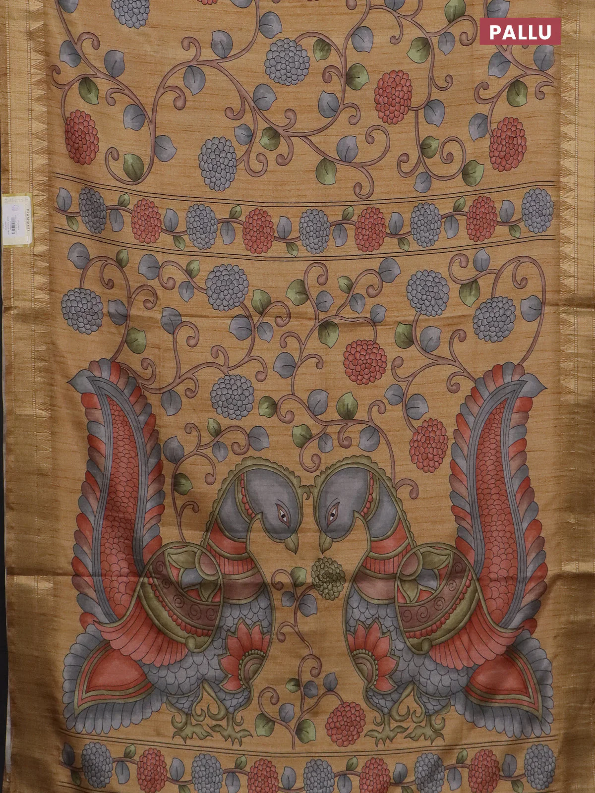 Semi tussar saree sandal with allover floral prints and zari woven border - Image 3