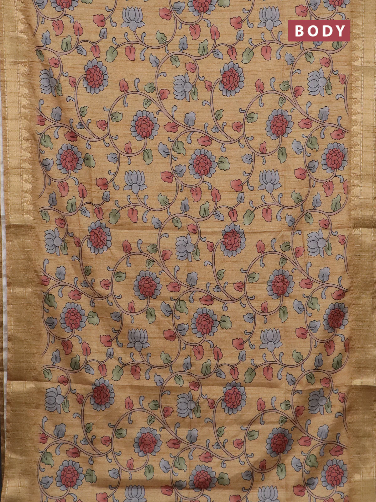 Semi tussar saree sandal with allover floral prints and zari woven border - Image 2
